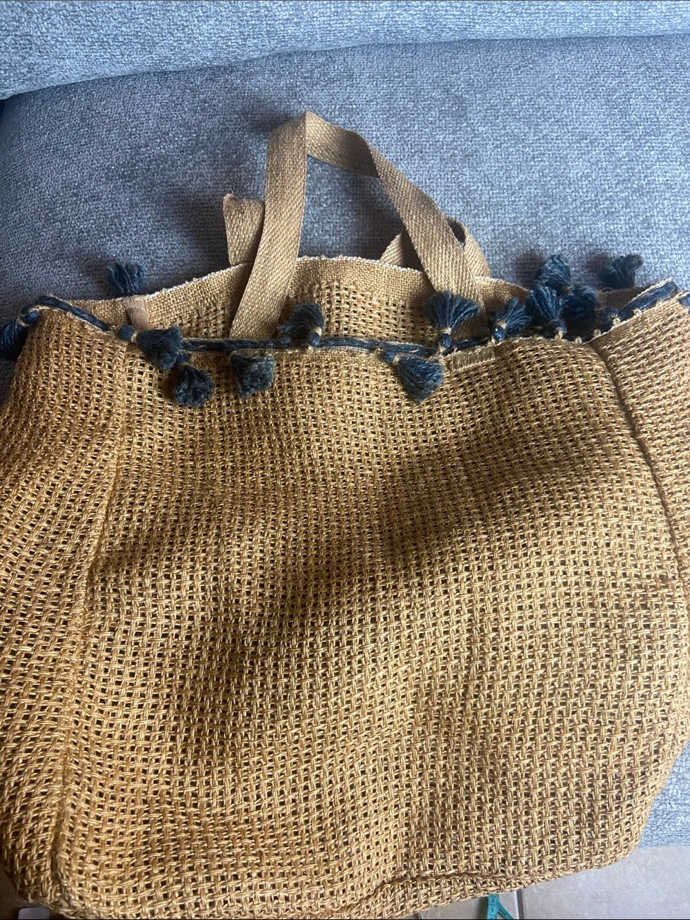 Natural Tan Woven Tote with Navy Tassel Accent